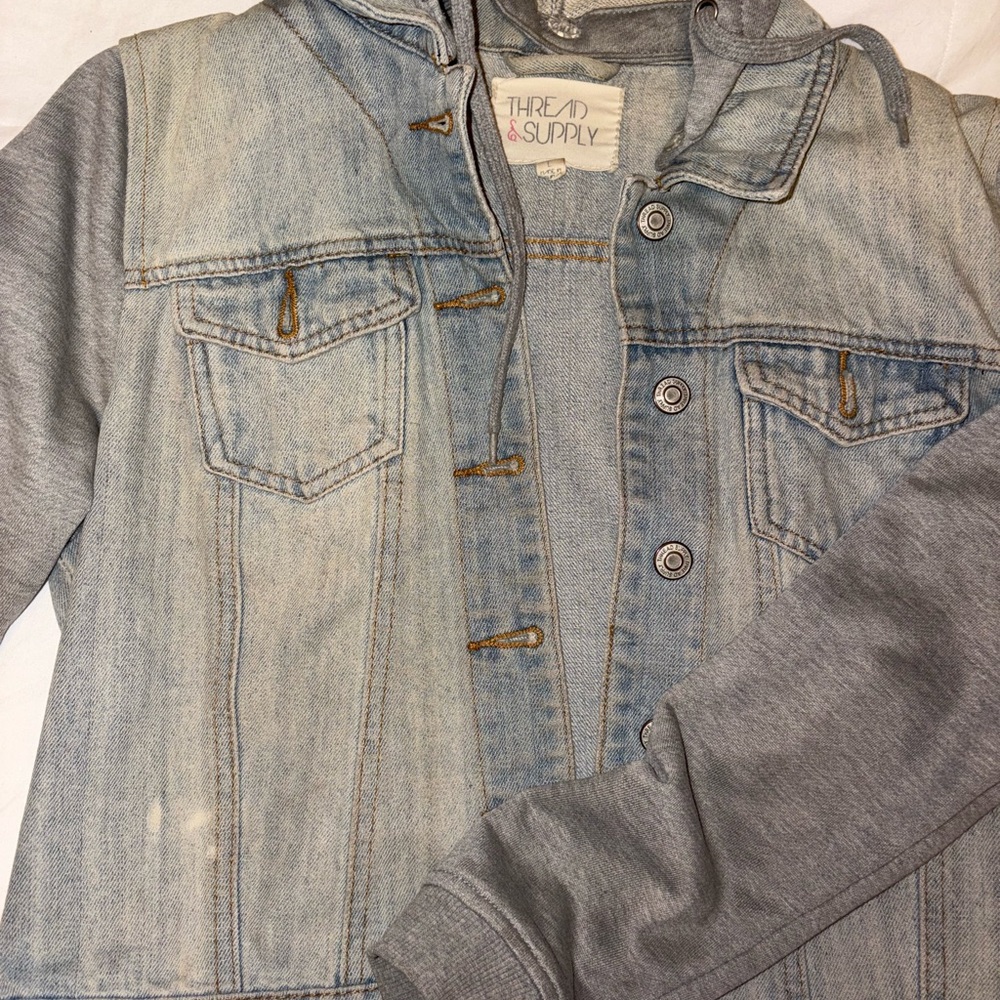 Thread & Supply Light Denim and Gray Hoodie Jacket